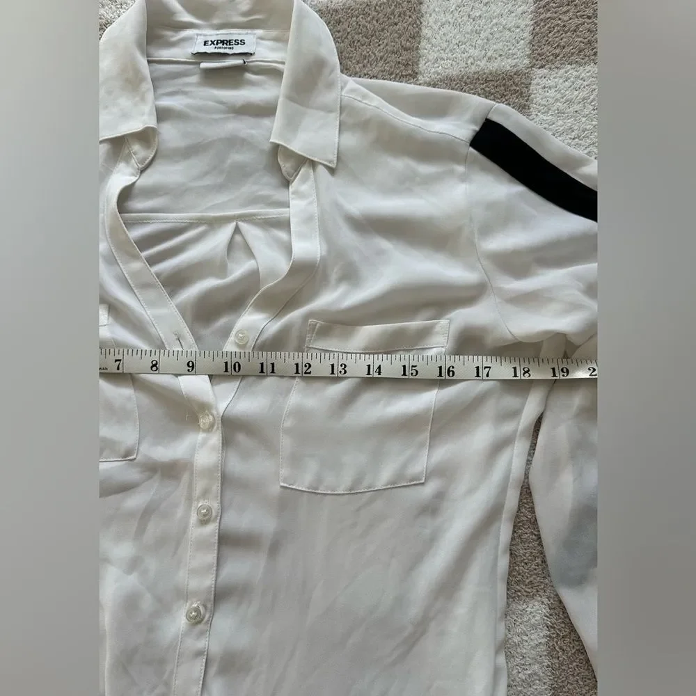 Express Portofino White Button Down Blouse Black Accents Long Sleeve